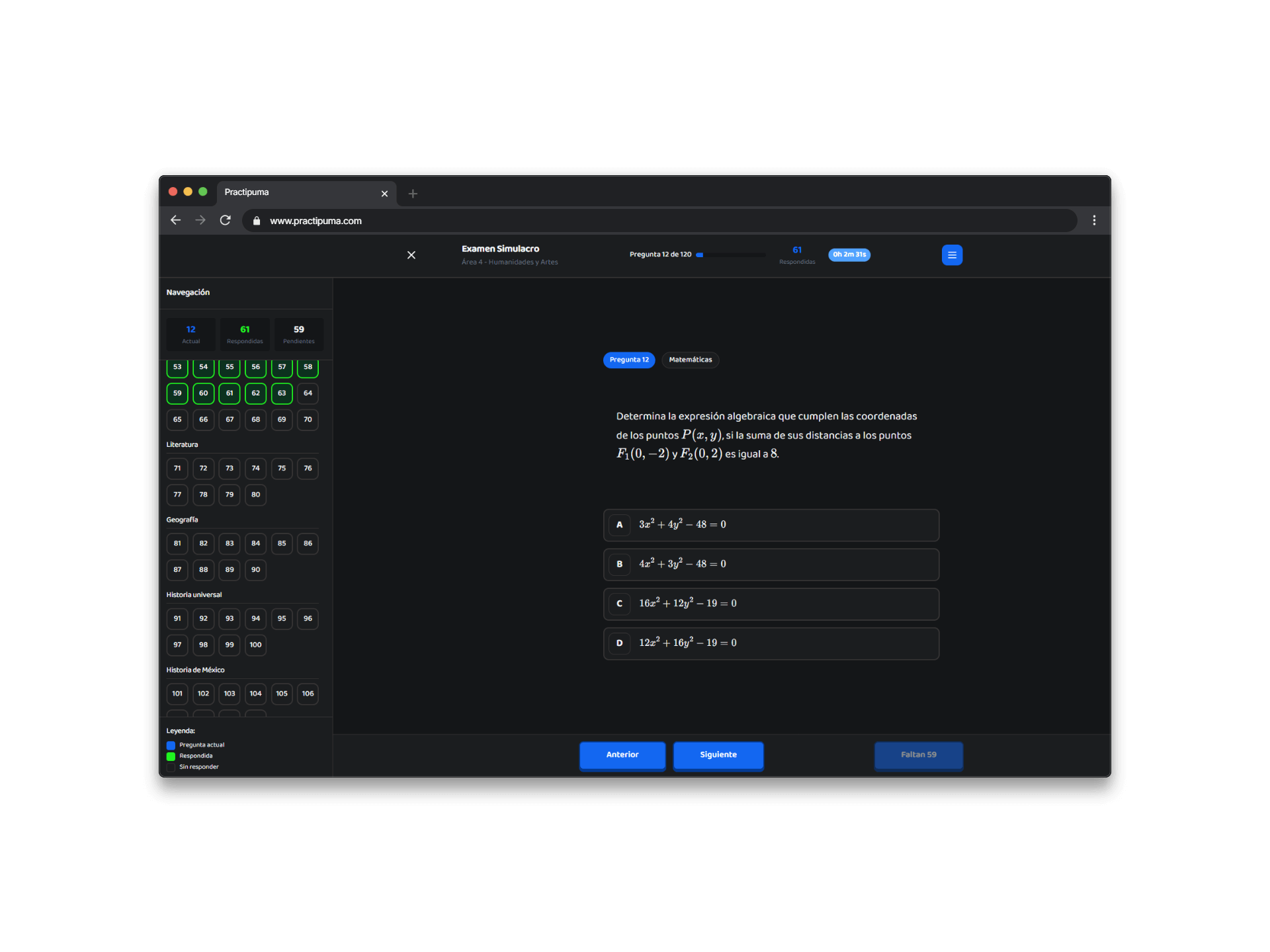 Vista del examen en desktop